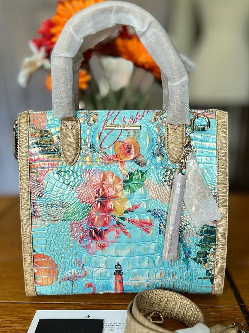 Brahmin Caroline Multi Banner Satchel Islands Lighthouse Dolphin Alligator Beach